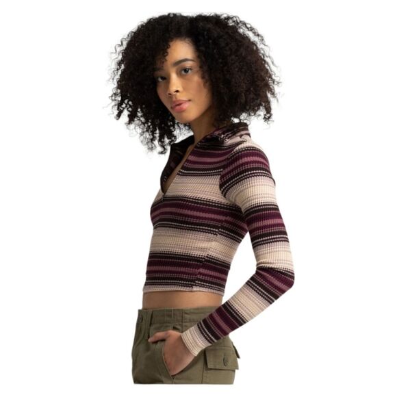 BDG Bunny Striped Thermal Waffle Knit Quarter Zip Long Sleeve Crop Top Purple M - Picture 1 of 12
